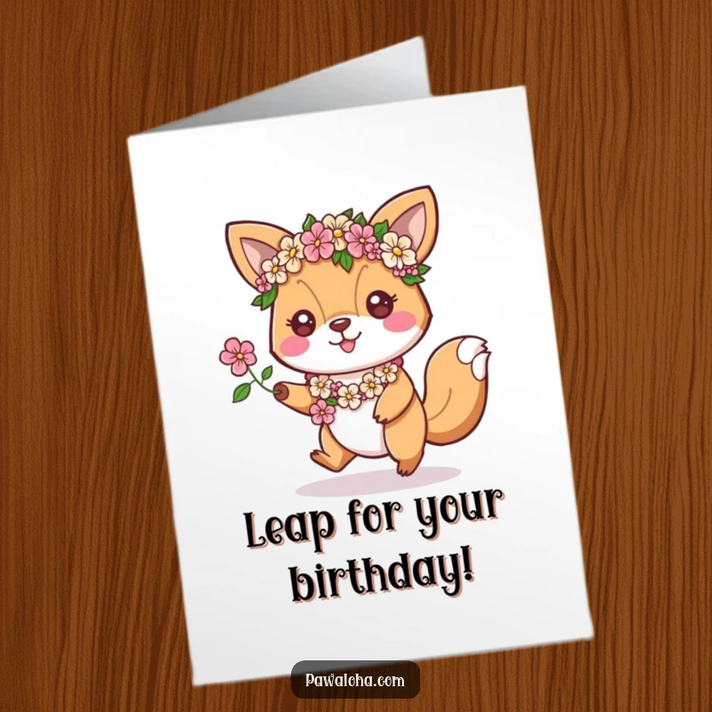 Funny Free Printable Birthday Card: Animal with floral leis hopping excitedly, spreading birthday cheer, a dynamic downloadable gift.