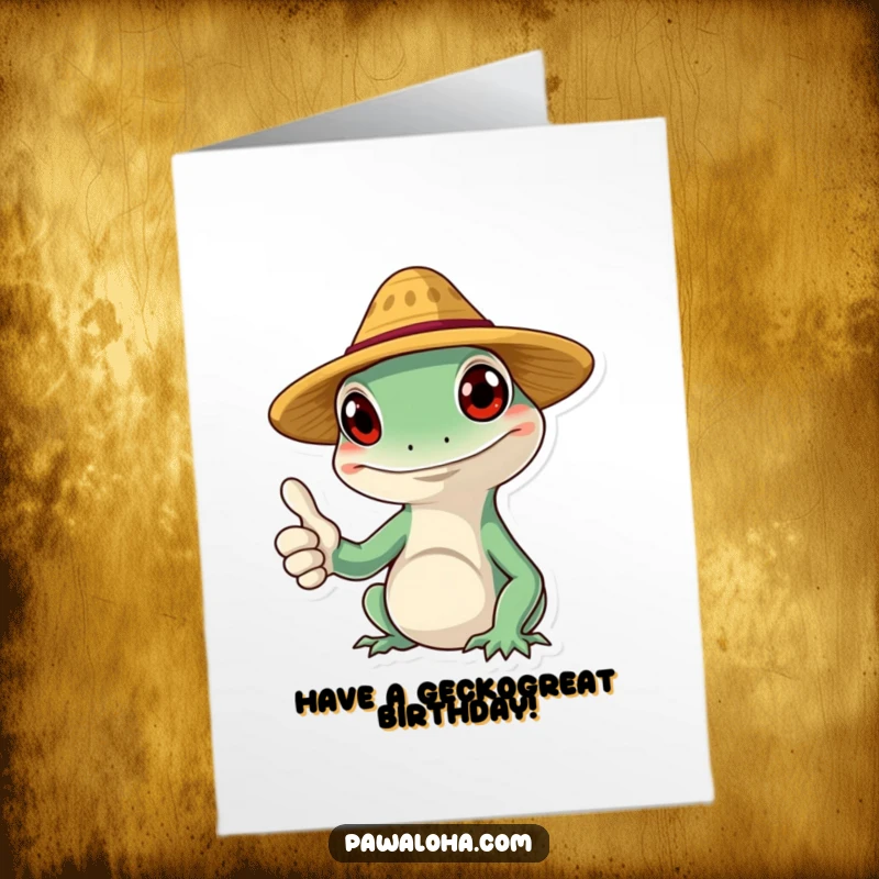 Funny Free Printable Birthday Card: Smiling gecko character in a straw hat giving a thumbs up, sending birthday wishes, perfect DIY downloadable.