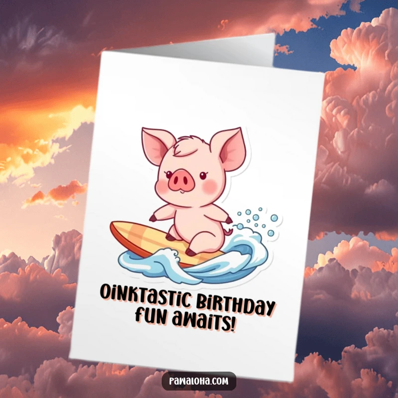 Funny Free Printable Birthday Card: Playful piglet about to surf a gentle wave, ready for birthday fun.