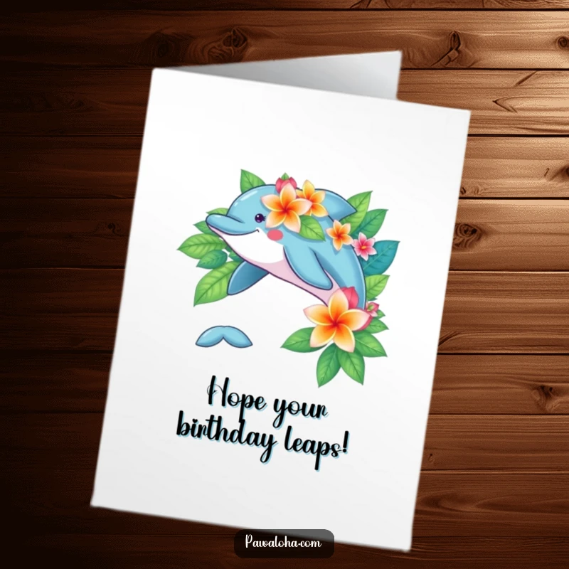 Funny free printable birthday card of a playful leaping dolphin adorned with tropical flowers.