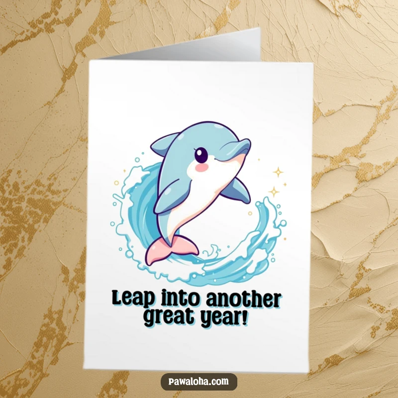 Funny Free Printable Dolphin Birthday Card: Playful dolphin leaping high through a sparkling wave. Energetic downloadable greeting.