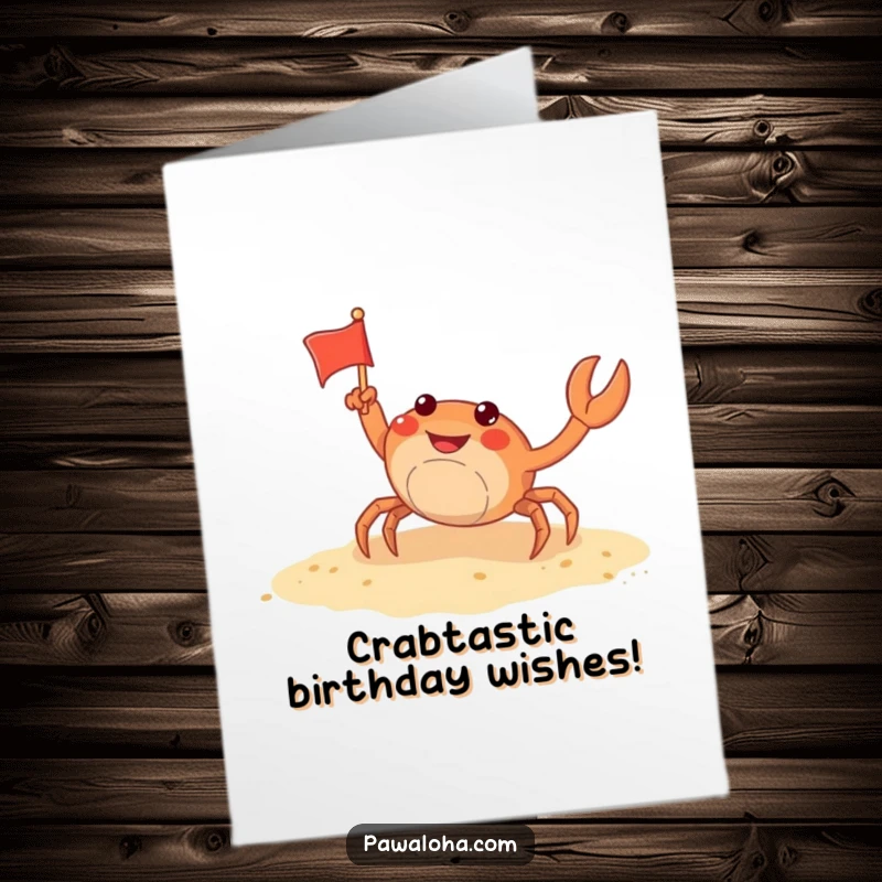 Funny Free Printable Birthday Card: Playful crab character waving a tiny flag on a sandy beach. Cheerful birthday downloadable art.