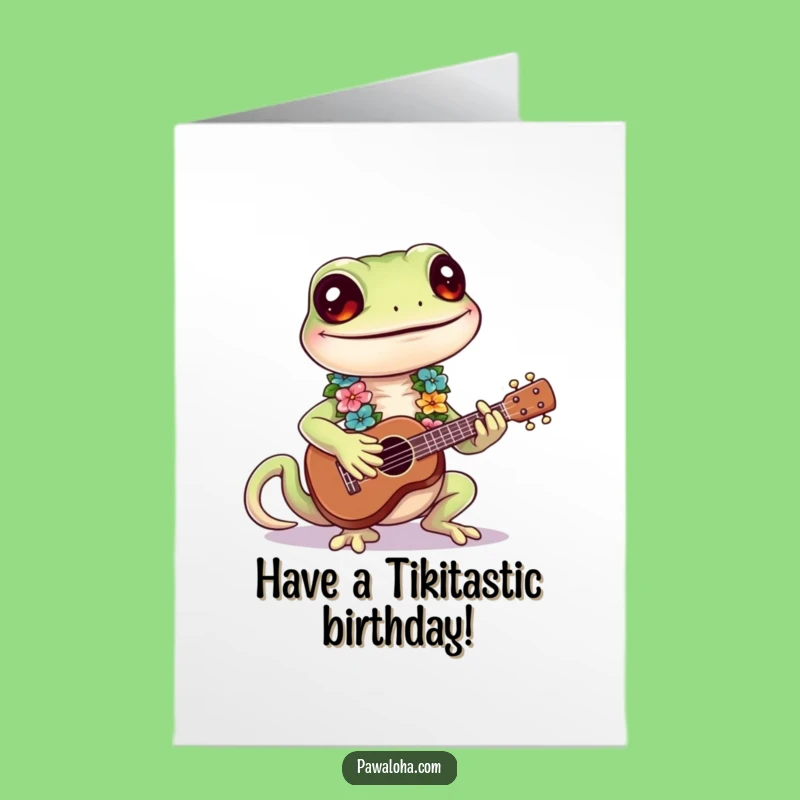 Free Printable Funny Birthday Card: Happy Gecko with Ukulele, Perfect Downloadable Tropical Laugh