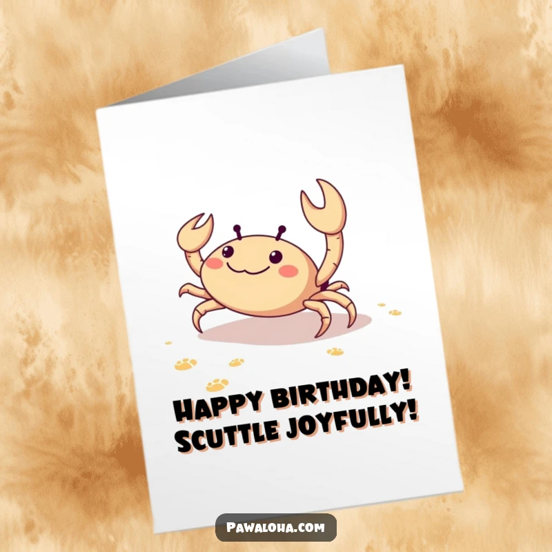 Funny free printable birthday card featuring a joyful crab scuttling sideways on the sand, leaving happy footprints.