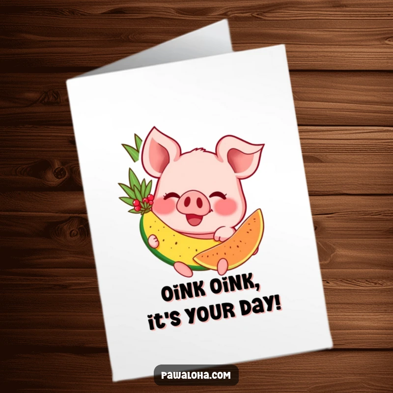 Funny Free Printable Birthday Card: Happy pig with a huge grin devours a juicy tropical fruit slice.