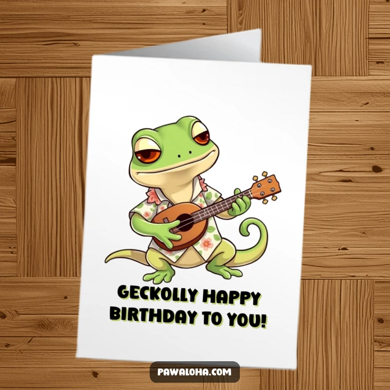 Funny Free Printable Birthday Card: Cool gecko in Hawaiian shirt plays ukulele, radiating chill birthday vibes.