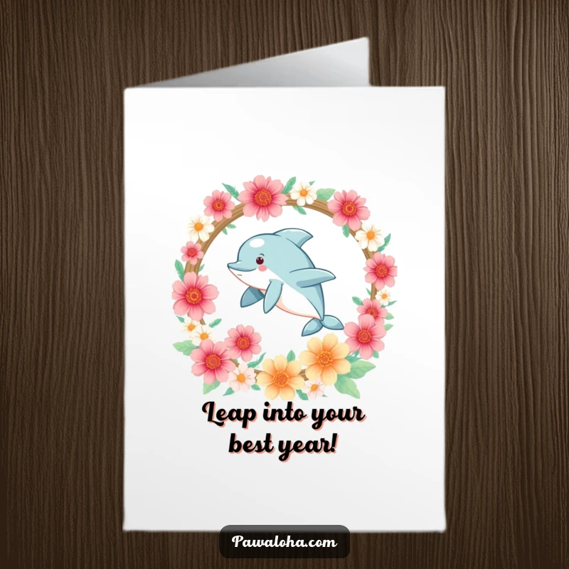 Funny Free Printable Birthday Card featuring a kawaii dolphin leaping through a hoop of flowers, radiating pure joy and excitement.
