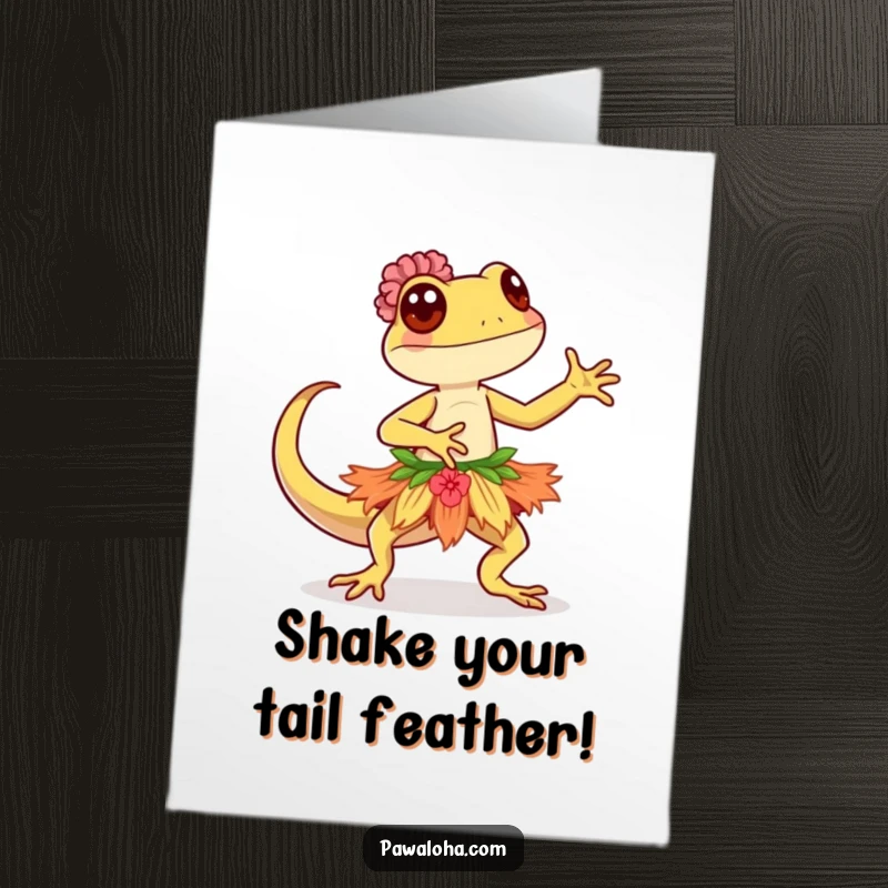 Funny Free Printable Birthday Card featuring a kawaii gecko in a hula skirt, dancing with energetic grace and a big smile.