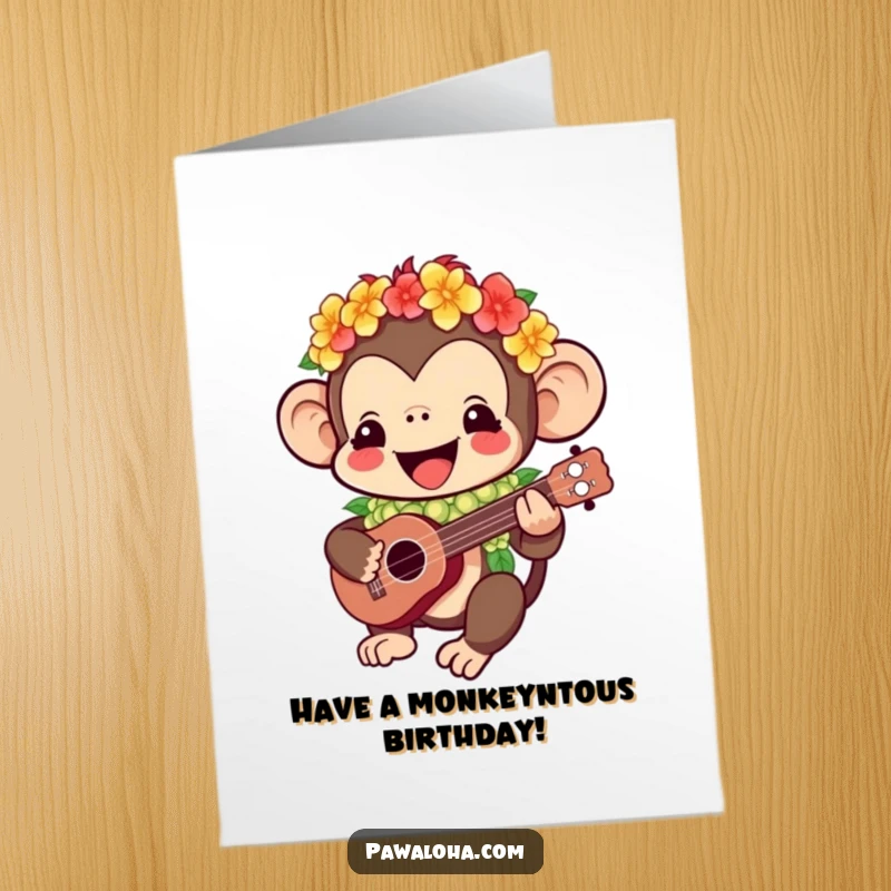 Funny Free Printable Birthday Card: Kawaii monkey wearing a lei, happily playing a ukulele, wishing a joyful birthday.