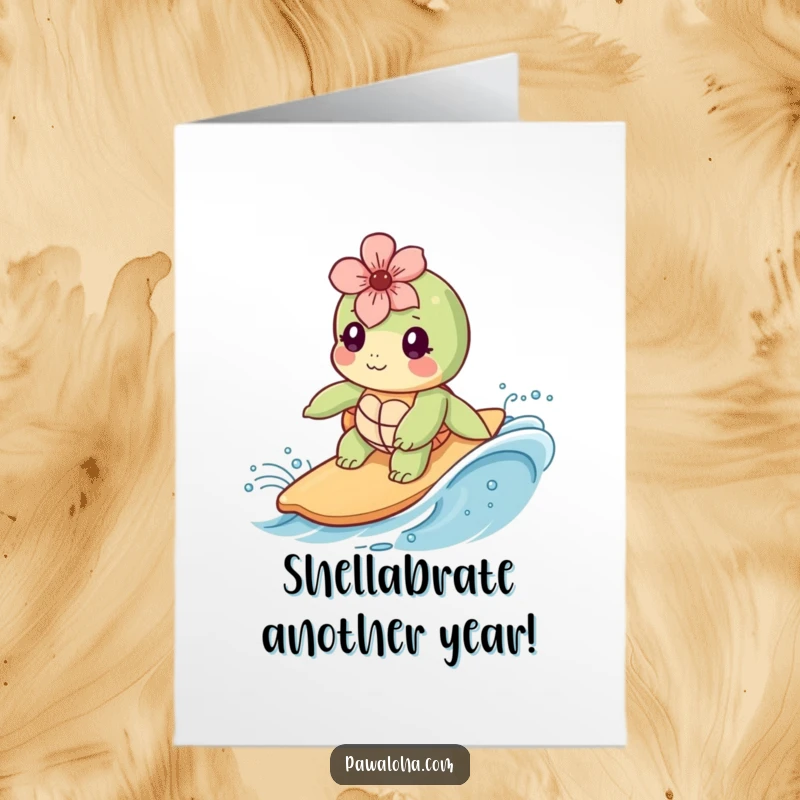 Funny Free Printable Birthday Card featuring a kawaii sea turtle with a flower, surfing a gentle wave with a joyful expression.