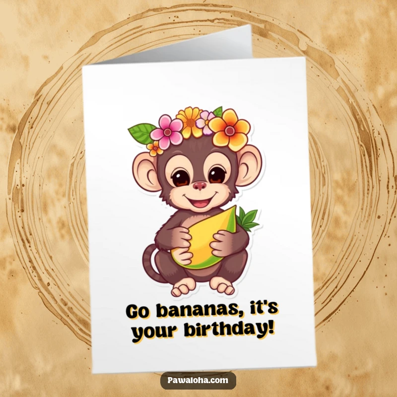 Funny Free Printable Birthday Card: A charming monkey in a flower crown, offering tropical fruit, sending sweet birthday wishes.