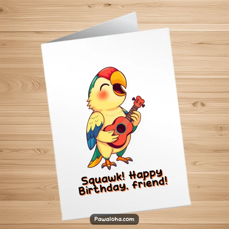 Funny Free Printable Birthday Card: A colorful parrot with a ukulele sings a happy birthday tune, spreading musical cheer.