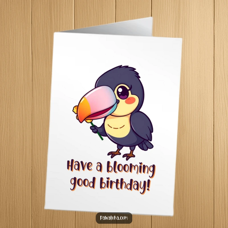 Funny Free Printable Birthday Card featuring a cheerful toucan with a large, colorful beak, offering a delicate flower petal, a tropical delight.
