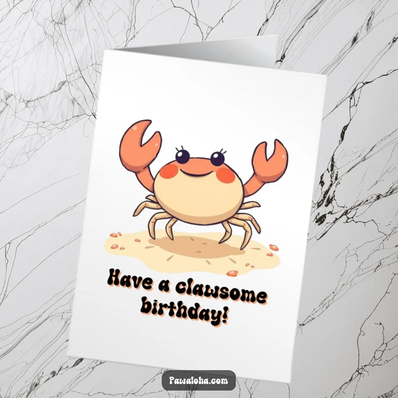 Funny Free Printable Birthday Card: Cute crab character doing a joyful sideways shuffle on the sand, celebrating birthday, perfect DIY downloadable.