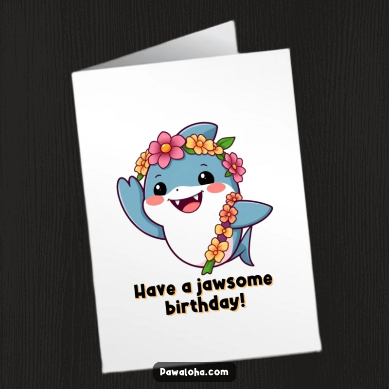 Funny Free Printable Birthday Card: Friendly shark character wearing a lei, giving a cheerful wave. Tropical downloadable art.