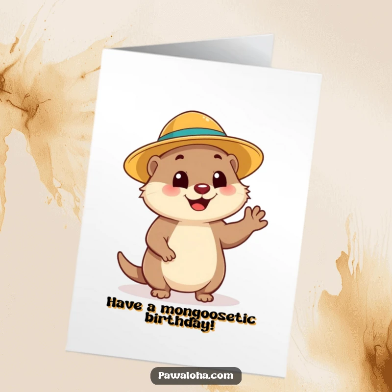 Funny Free Printable Birthday Card: A cheerful mongoose in a sun hat waves hello, sending warm birthday wishes with a smile.