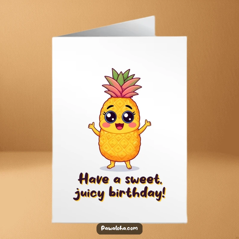 Funny Free Printable Birthday Card: A happy pineapple with googly eyes is doing the samba, bringing vibrant birthday energy.