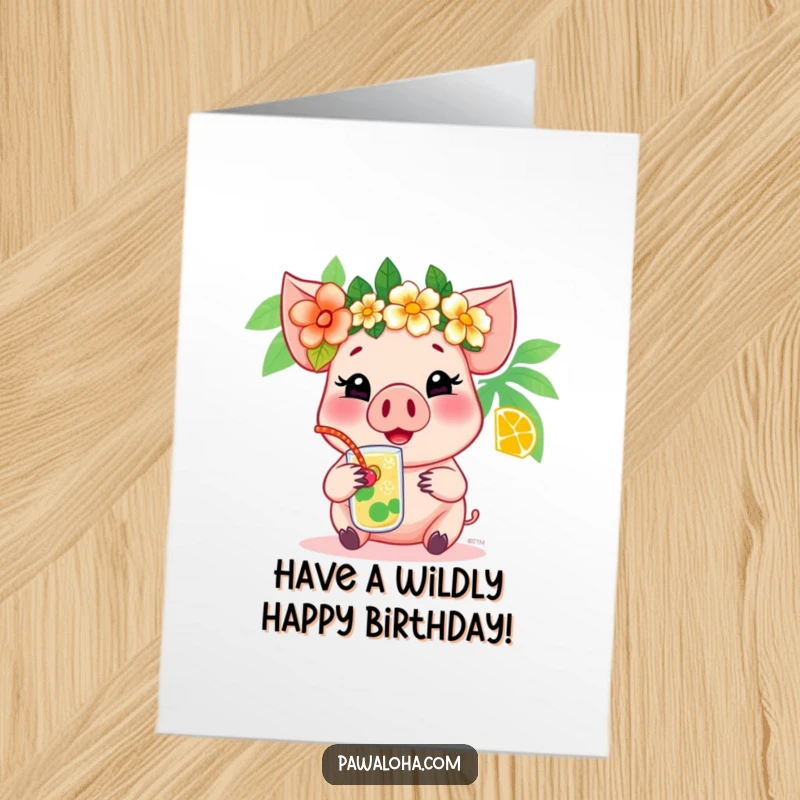 Funny Free Printable Birthday Card: Cheerful pig wearing a flower crown, sipping a tropical drink. Festive downloadable art.