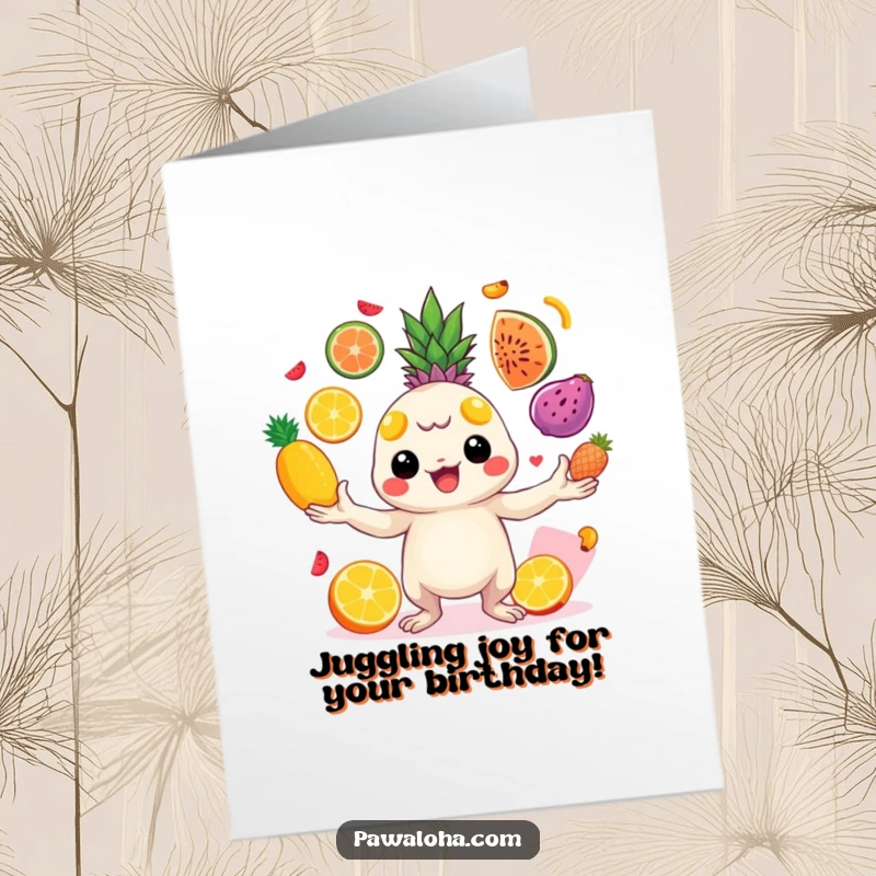 Funny Free Printable birthday card of a creature energetically juggling colorful tropical fruits with a big, happy smile.