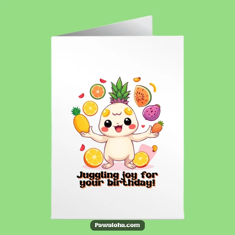 Free Printable Birthday Card Funny Juggling Creature Tropical Fruits Download