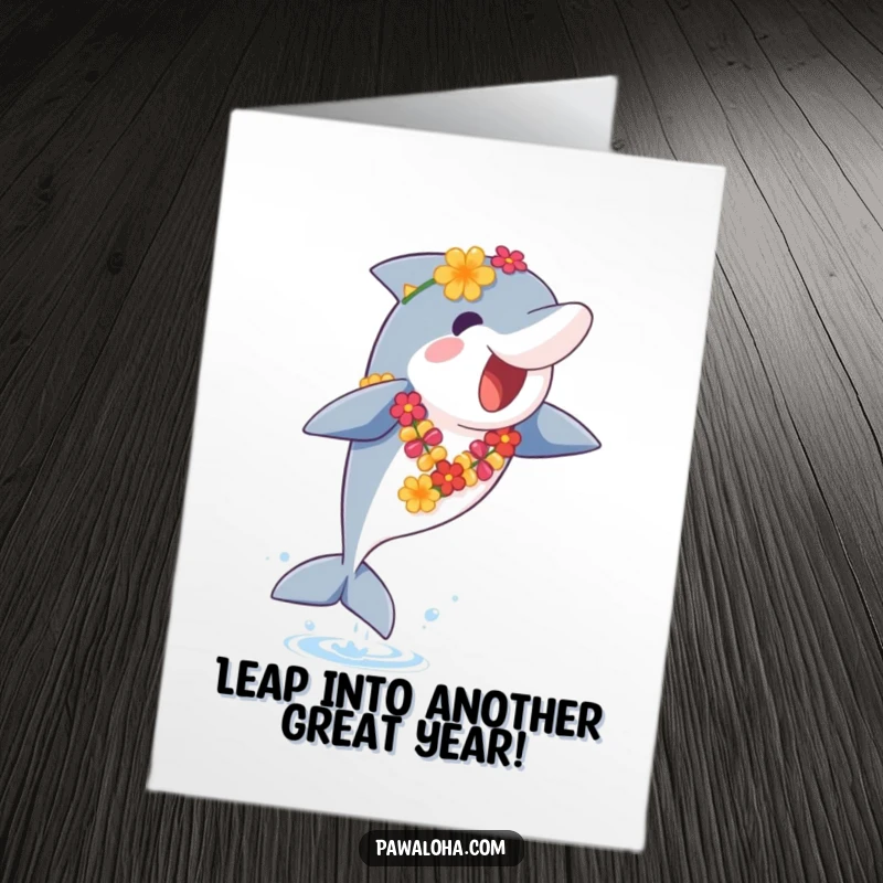 Funny Free Printable Birthday Card: A cute dolphin in a lei leaping from the ocean, spreading birthday cheer with a splash.