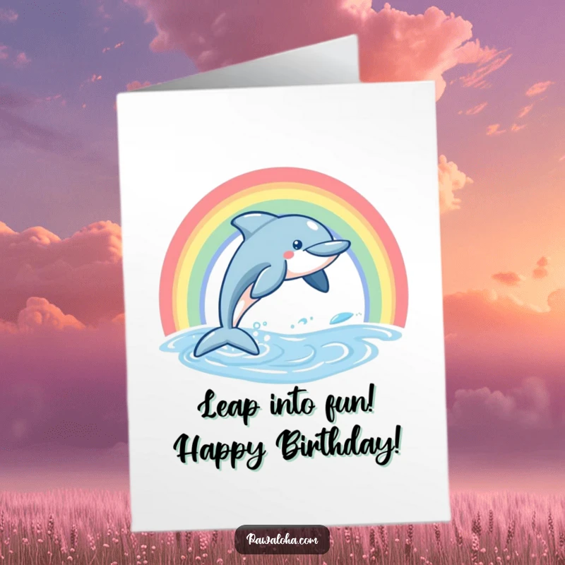 Funny Free Printable Birthday Card featuring a friendly dolphin leaping joyfully from the water with a vibrant rainbow arching behind it.