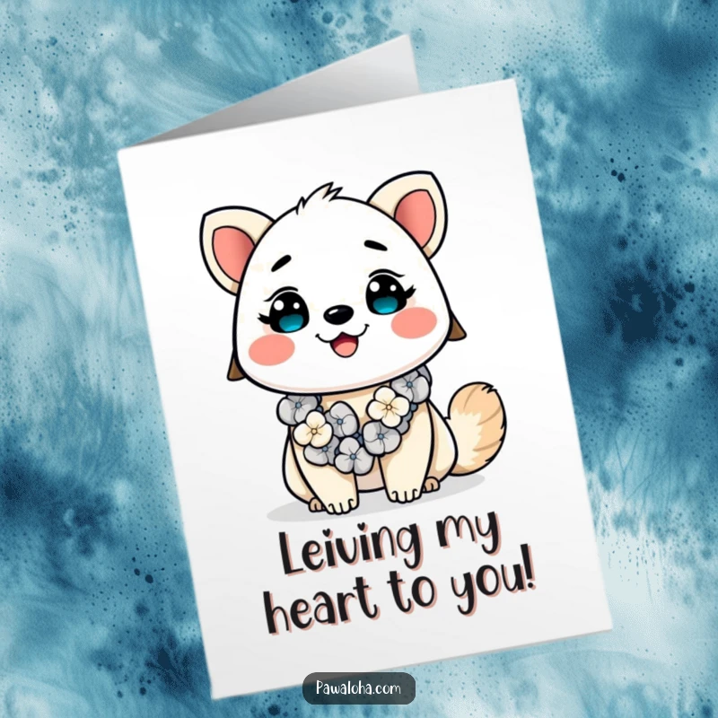 Funny Free Printable Birthday Card: Kawaii animal wearing a colorful lei, beaming with a huge, happy smile.