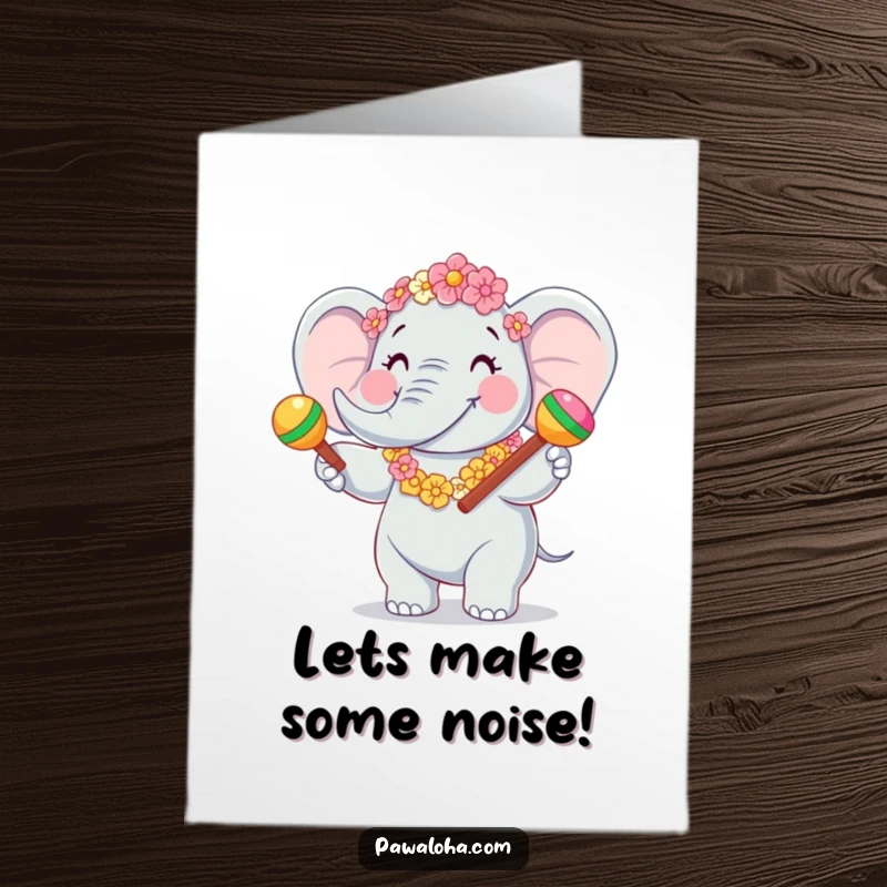 Funny free printable birthday card: A joyful elephant in a flower garland, energetically shaking maracas, ready to party.