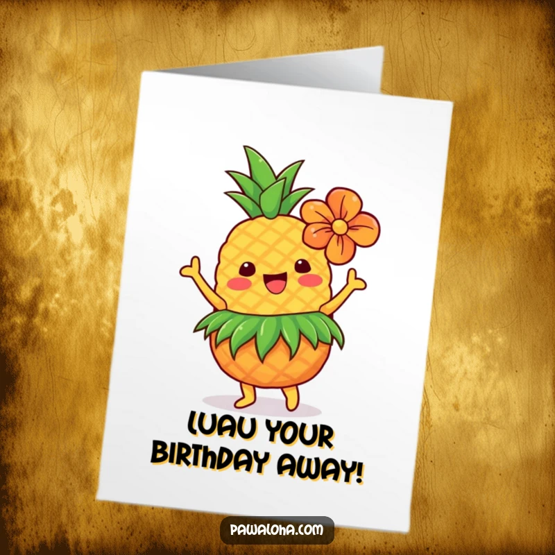 Funny free printable birthday card of a happy dancing pineapple wearing a grass skirt and flower.