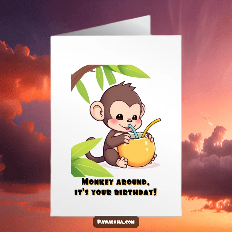 Funny Free Printable Birthday Card: Kawaii monkey happily sipping from a coconut with a straw, looking relaxed.