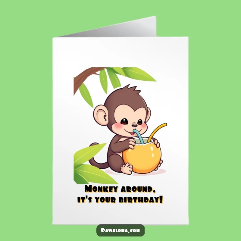 Free Printable Birthday Card: Funny Kawaii Monkey Coconut Surprise Downloadable Gift