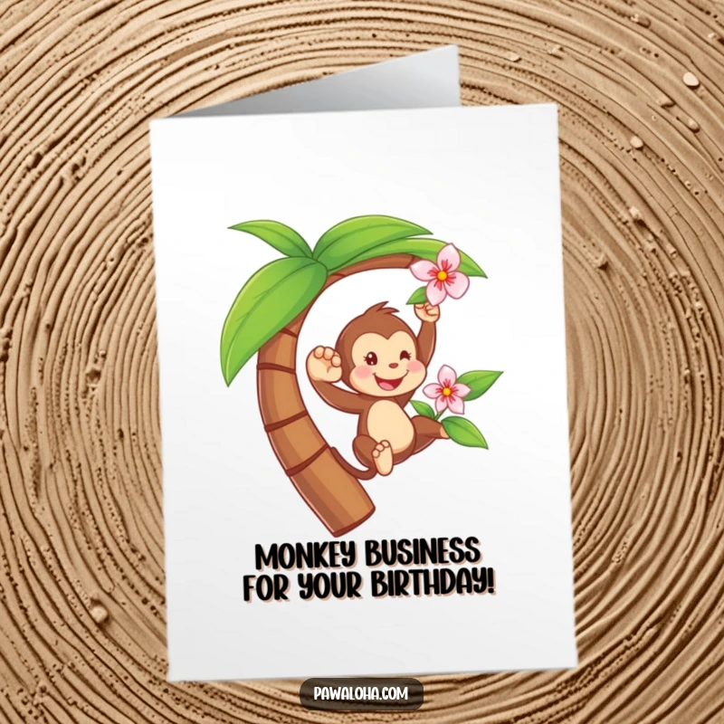 Funny Free Printable Birthday Card featuring a playful monkey swinging from a palm tree, holding a flower, celebrating joyfully.