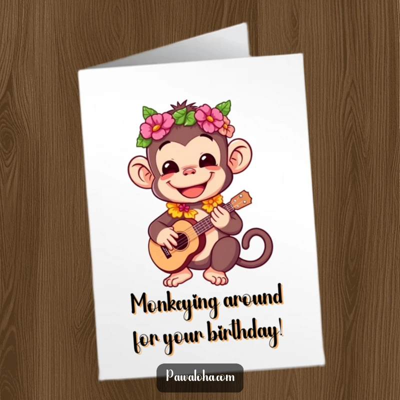 Funny Free Printable Birthday Card: Happy monkey in a lei plays ukulele, ideal for a humorous downloadable gift.