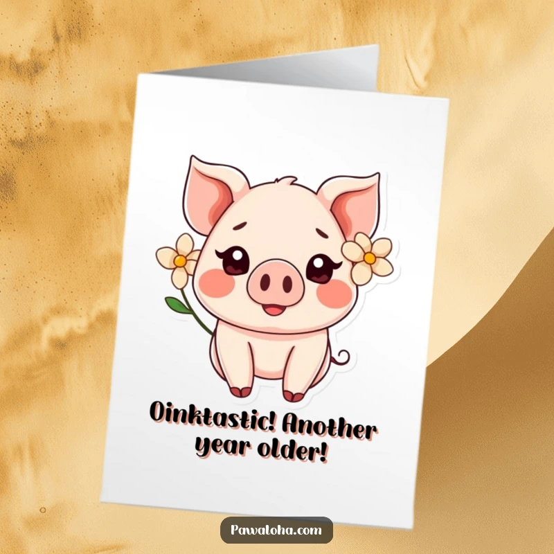 Funny Free Printable Birthday Card: Cute Kawaii pig with flower smiles widely, perfect for a joyous celebration.