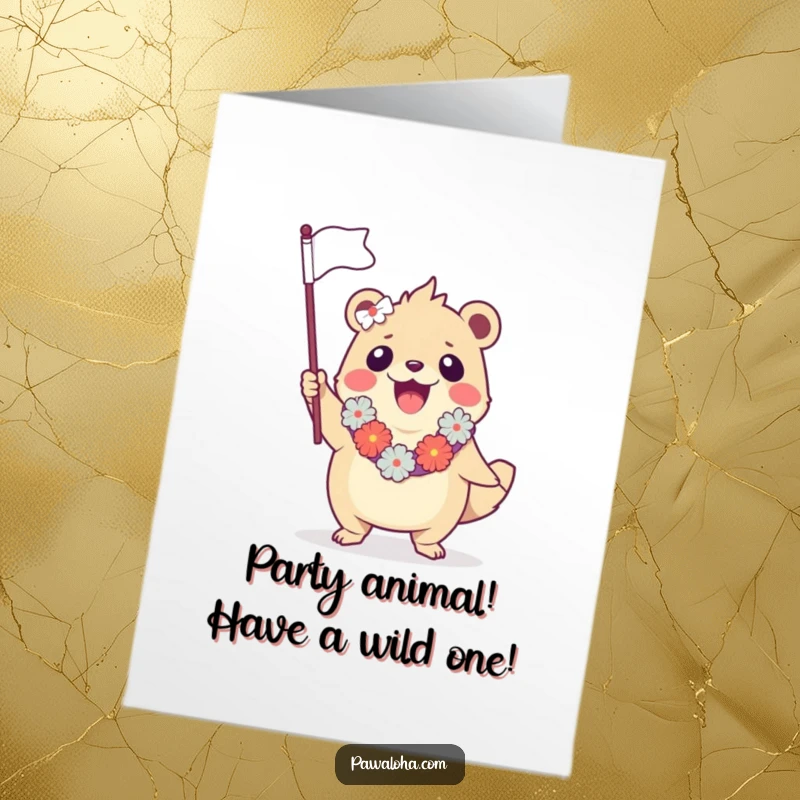 Funny Free Printable Birthday Card: Leis creature joyfully waving a tiny flag, ready to party with a DIY downloadable design.