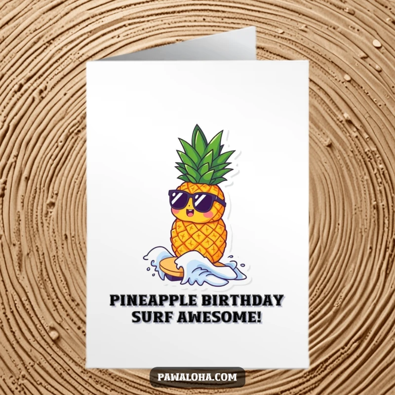 Funny Free Printable Birthday Card: A cool pineapple character surfing a wave, wishing a totally awesome birthday, a fun downloadable gift.