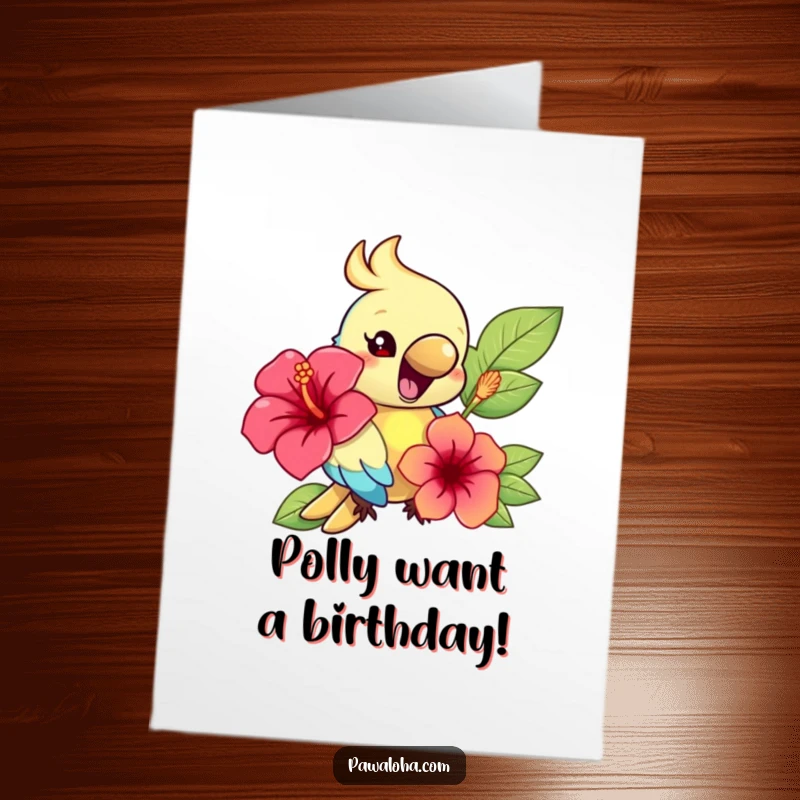 Funny Free Printable Birthday Card: A happy parrot squawks joyfully while clutching a bright hibiscus flower.
