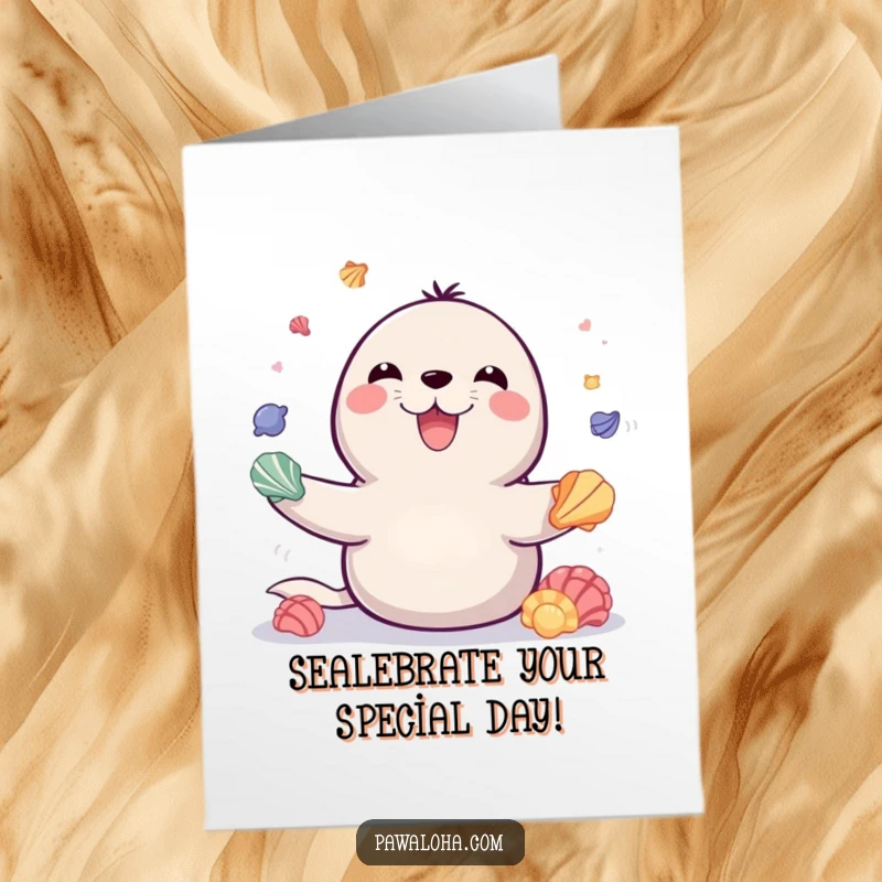 Funny Free Printable Birthday Card: A playful seal juggling seashells with a big smile, offering cheerful birthday wishes.