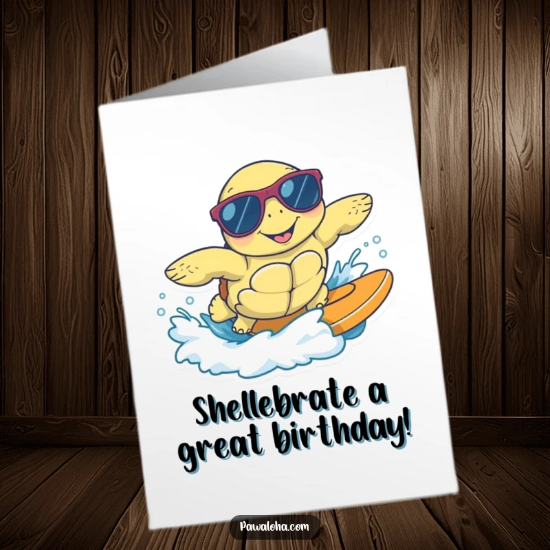 Funny Free Printable Birthday Card: A happy sea turtle in sunglasses, surfing a wave, delivering cool birthday greetings.