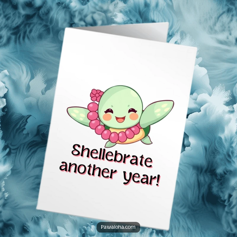 Funny Free Printable Birthday Card: Joyful sea turtle with lei, swimming happily, ready to wish a happy birthday.