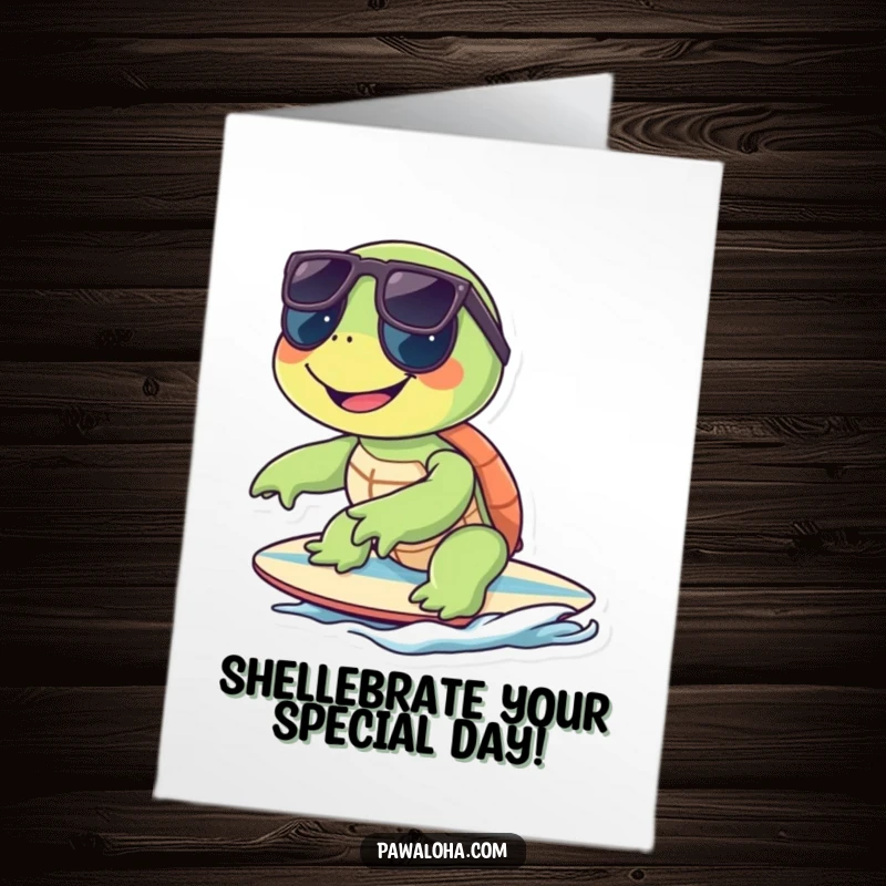 Funny free printable birthday card of a smiling turtle wearing sunglasses riding a surfboard.