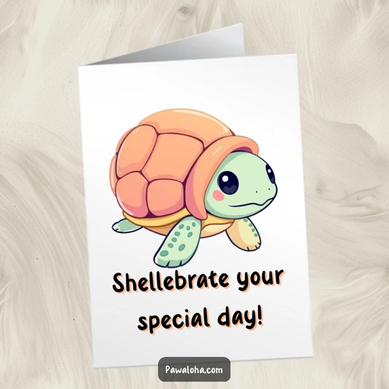 Funny Free Printable Sea Turtle Birthday Card: Curious sea turtle examining a colorful seashell. Adorable downloadable greeting.