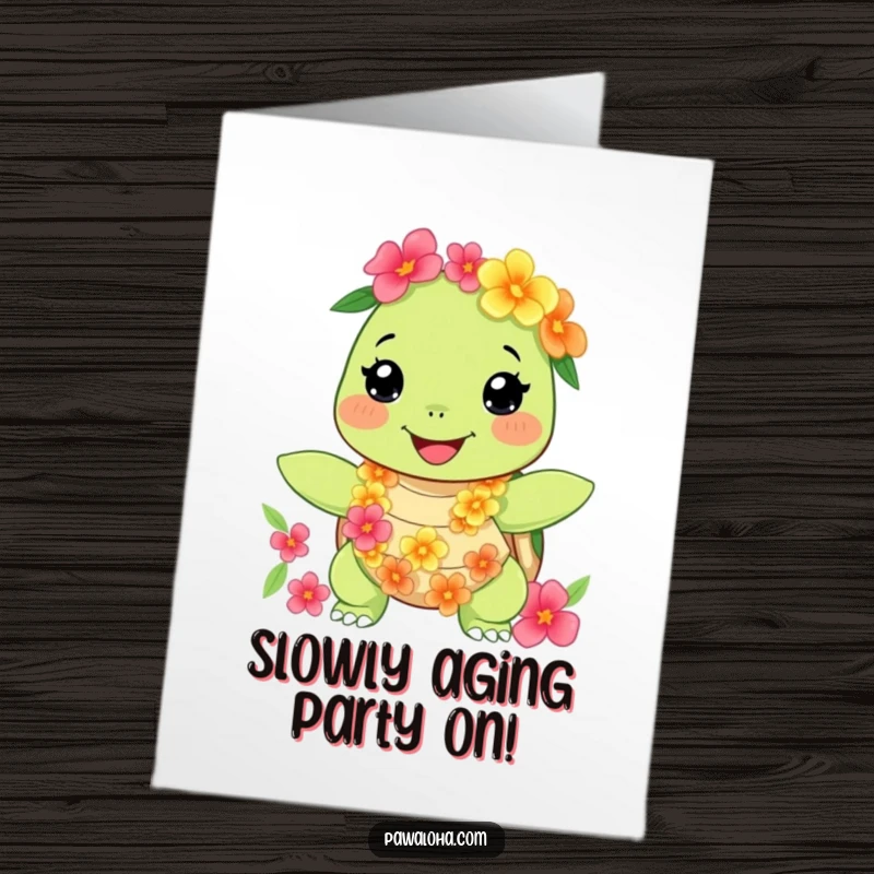 Funny Free Printable Turtle Birthday Card, a happy character wearing a floral lei and necklace, wishing happy birthday.