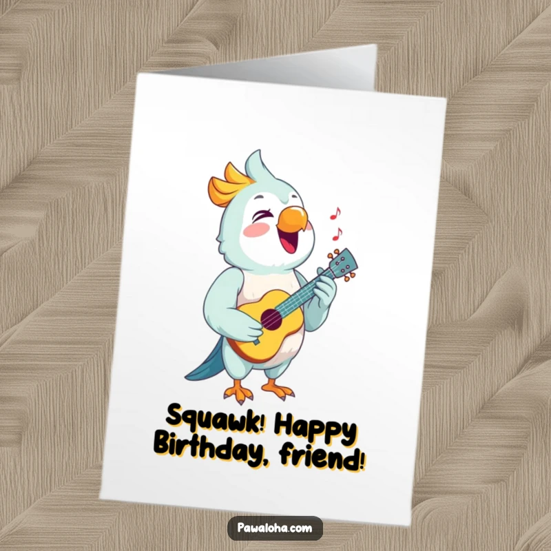 Funny Free Printable Birthday Card: A joyful parrot with a ukulele sings its heart out for a happy birthday celebration.