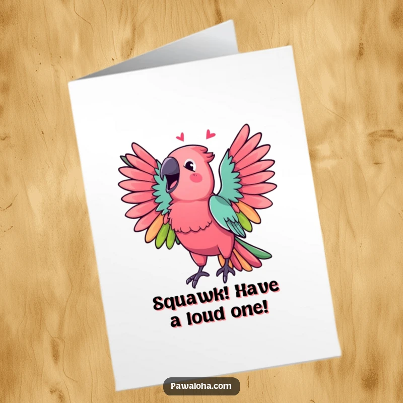 Funny Free Printable Birthday Card featuring a vibrant parrot with wings spread wide, joyfully singing a cheerful melody, ready to be printed.