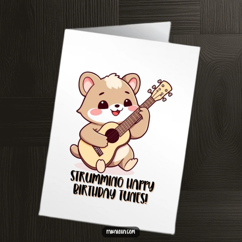 Funny Free Printable birthday card of a happy animal with a wide smile, joyfully playing a ukulele with musical notes floating.