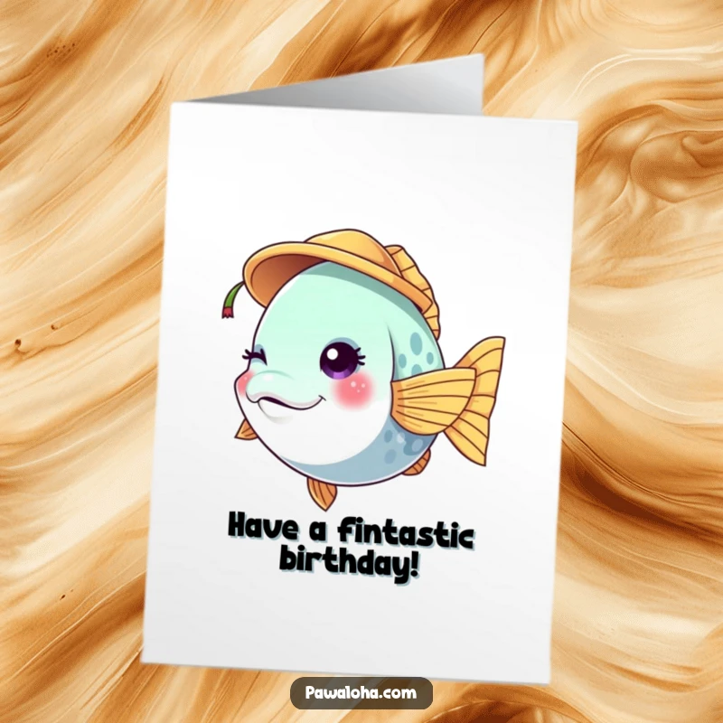 Funny Free Printable Birthday Card featuring a vibrant fish character winking cheekily while wearing a tiny coconut hat, ready to party.