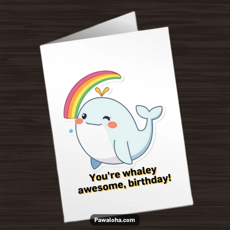 Funny Free Printable Birthday Card featuring a cheerful whale spouting a vibrant rainbow, spreading joy and good wishes.