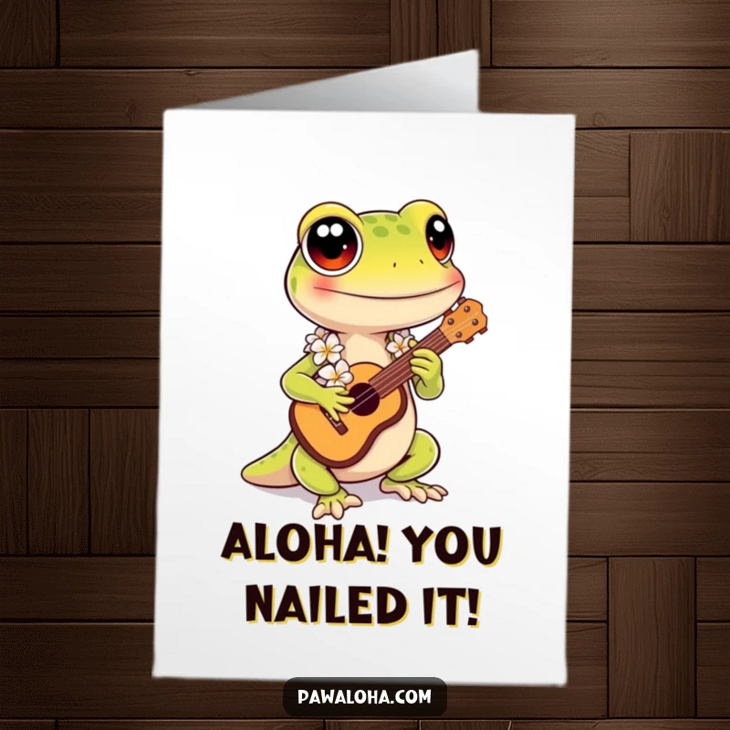 Funny Free Printable Congratulations Card: Kawaii gecko in lei strumming a ukulele, celebrating success.