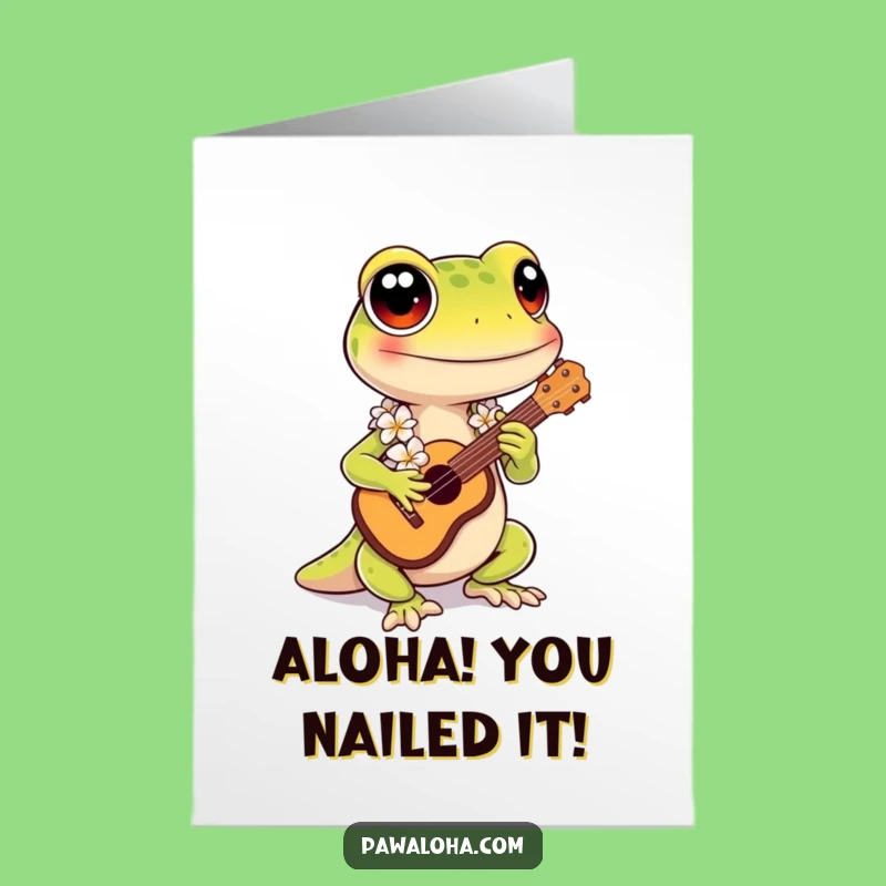 Free Printable Congrats Card: Kawaii Gecko Ukulele Celebration Downloadable Gift